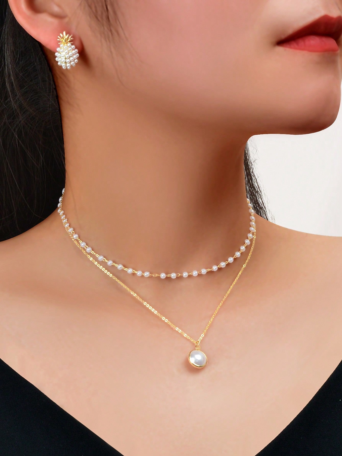 Pearl Pendant Double Layer Necklace & Pineapple Pearl Earrings Jewellery Set-0